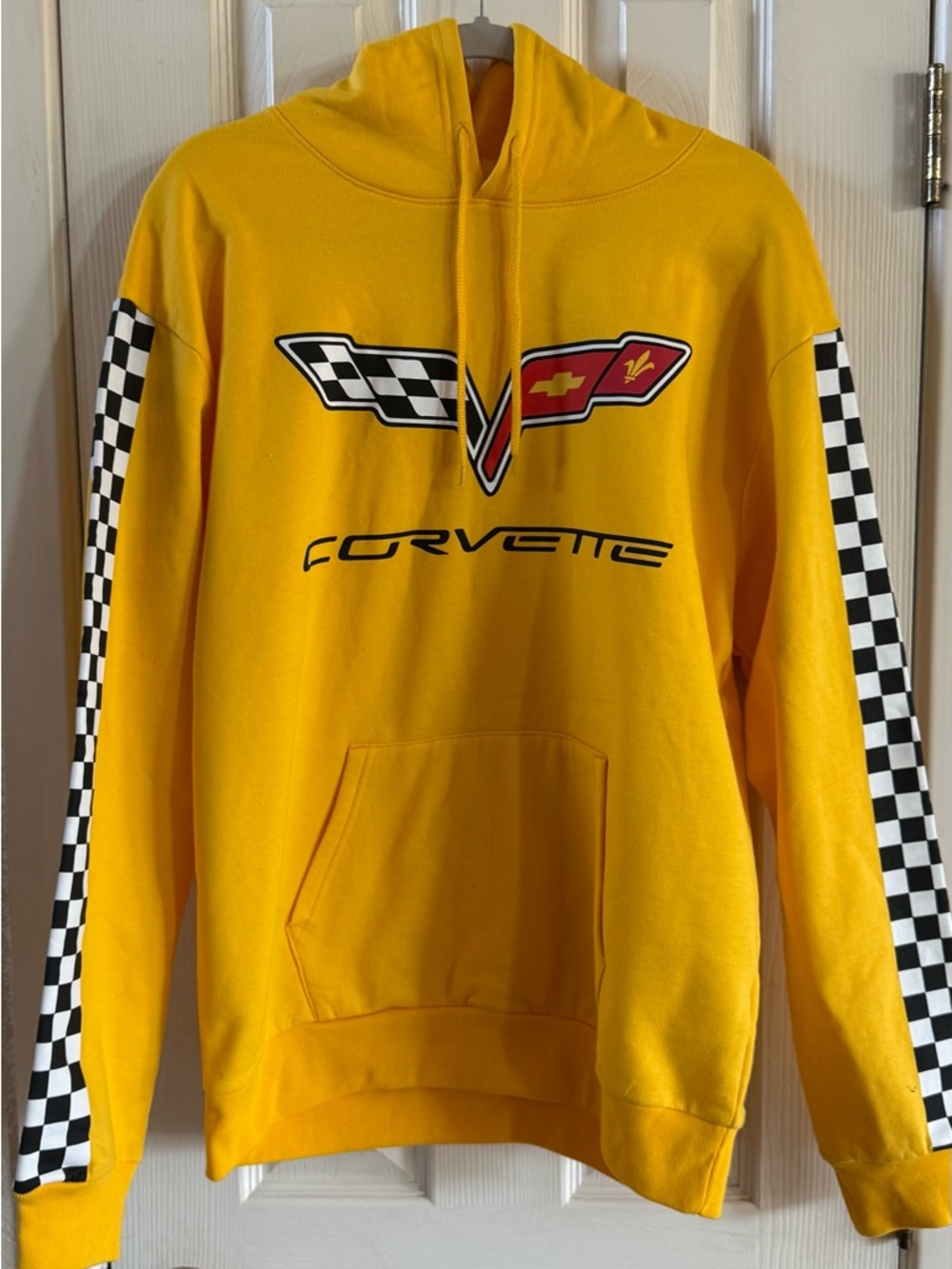 Celebrity Yellow Corvette hoody sweatshirt w/checkered flag trim on sleeves